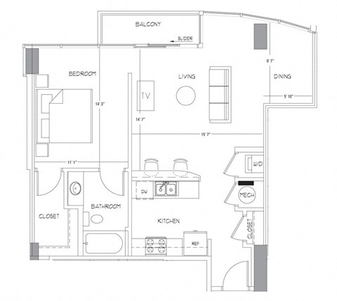 Floor plan for 1 bed, 1 bath, 796 sqft